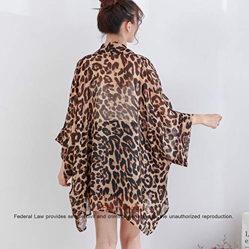 Max Hsuan Women's Loose Print Sheer Chiffon Kimono Beach Swim Cover up Cardigan Capes Blouse Tops Leopard - Image 3
