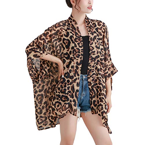 Max Hsuan Women's Loose Print Sheer Chiffon Kimono Beach Swim Cover up Cardigan Capes Blouse Tops Leopard - Image 1