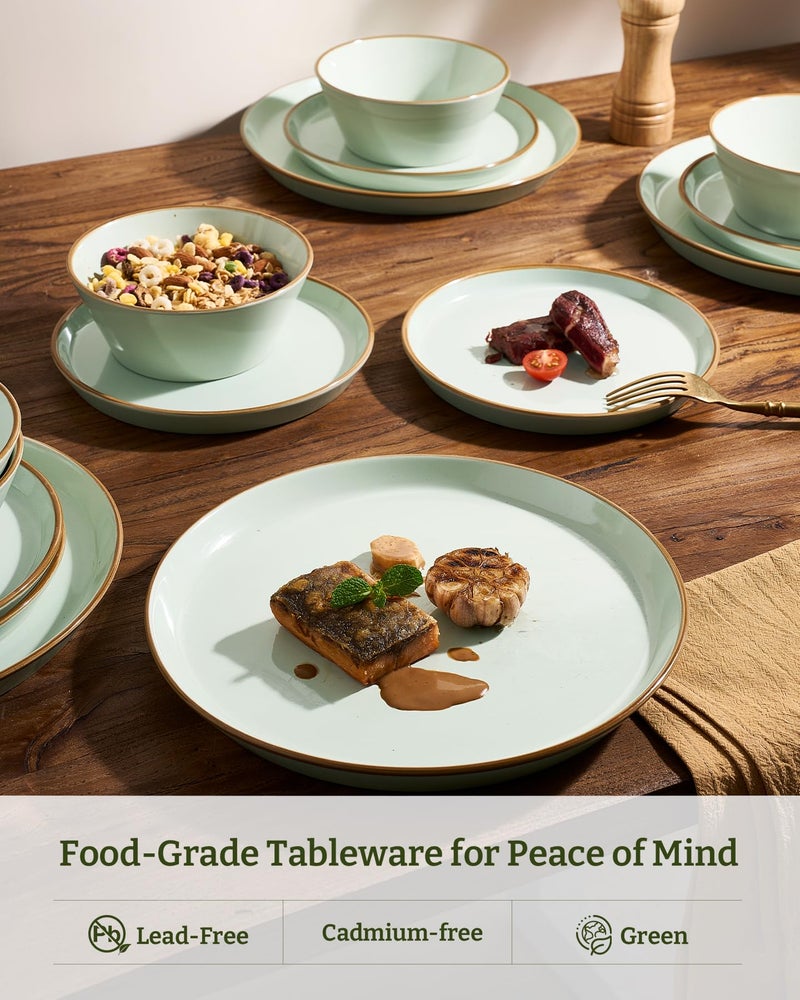 Famiware Saturn Dinnerware Sets, Plates and Bowls Sets for 4, 12 Pieces Stoneware Dish Set - Chip and Scratch Resistant, Microwave and Dishwasher Safe Tableware Set, Light Green with Rim - Image 4