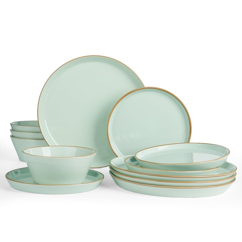Famiware Saturn Dinnerware Sets, Plates and Bowls Sets for 4, 12 Pieces Stoneware Dish Set - Chip and Scratch Resistant, Microwave and Dishwasher Safe Tableware Set, Light Green with Rim - Image 1