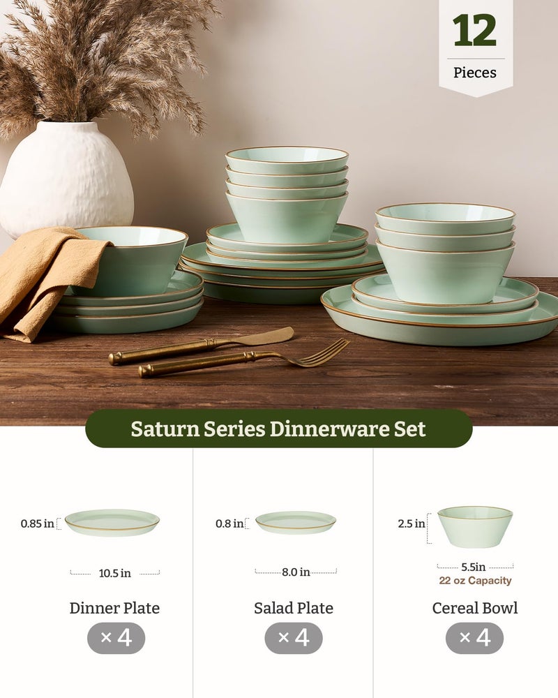 Famiware Saturn Dinnerware Sets, Plates and Bowls Sets for 4, 12 Pieces Stoneware Dish Set - Chip and Scratch Resistant, Microwave and Dishwasher Safe Tableware Set, Light Green with Rim - Image 2