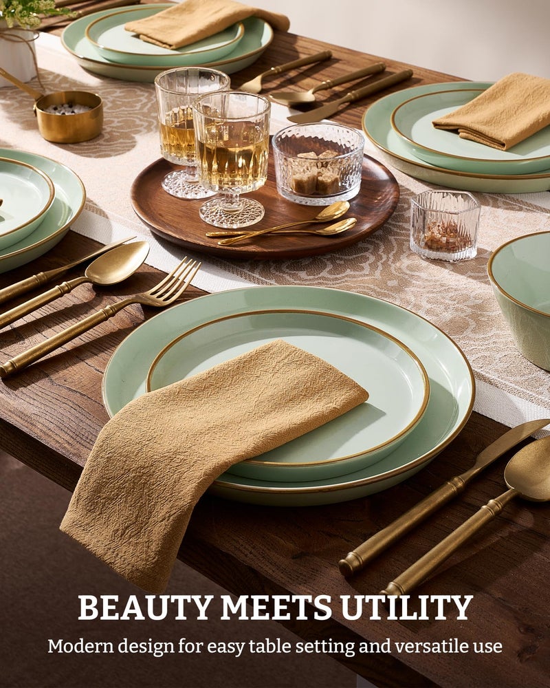 Famiware Saturn Dinnerware Sets, Plates and Bowls Sets for 4, 12 Pieces Stoneware Dish Set - Chip and Scratch Resistant, Microwave and Dishwasher Safe Tableware Set, Light Green with Rim - Image 3