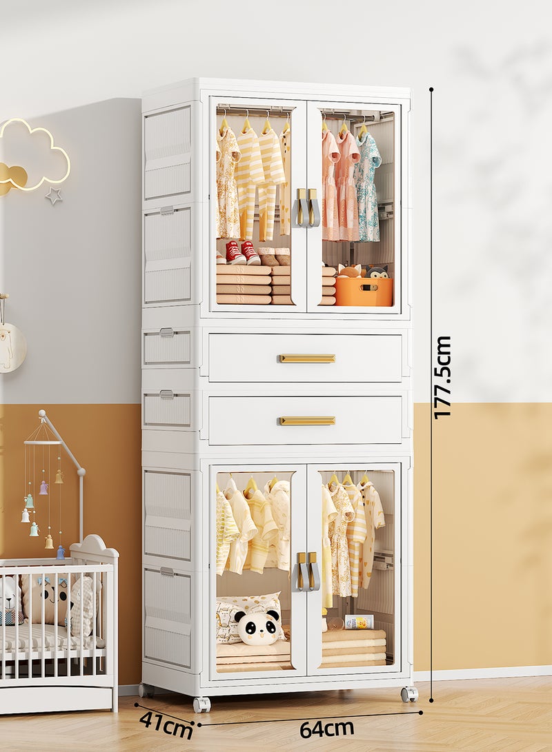 Ollieroo خزانة تخزين بلاستيكية modular – PP/PET/ABS مكونة من 2 خزانة و2 درج مع قضيب تعليق و6 شماعات (ألوان عشوائية)، عجلات دوارة قابلة للقفل، مقابض مثبتة مسبقًا، وأبواب مغناطيسية لغرفة النوم، أو الخزانة، أو غرفة المعيشة، 64 × 41 × 177.5 سم - Image 2