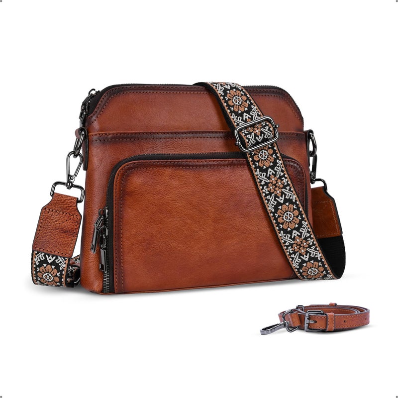 HESHE Genuine Leather Crossbody Bags for Women Satchel Purses Shoulder Handbags with 2 Adjustable Strap Hobo Purse (Brown) - Image 1