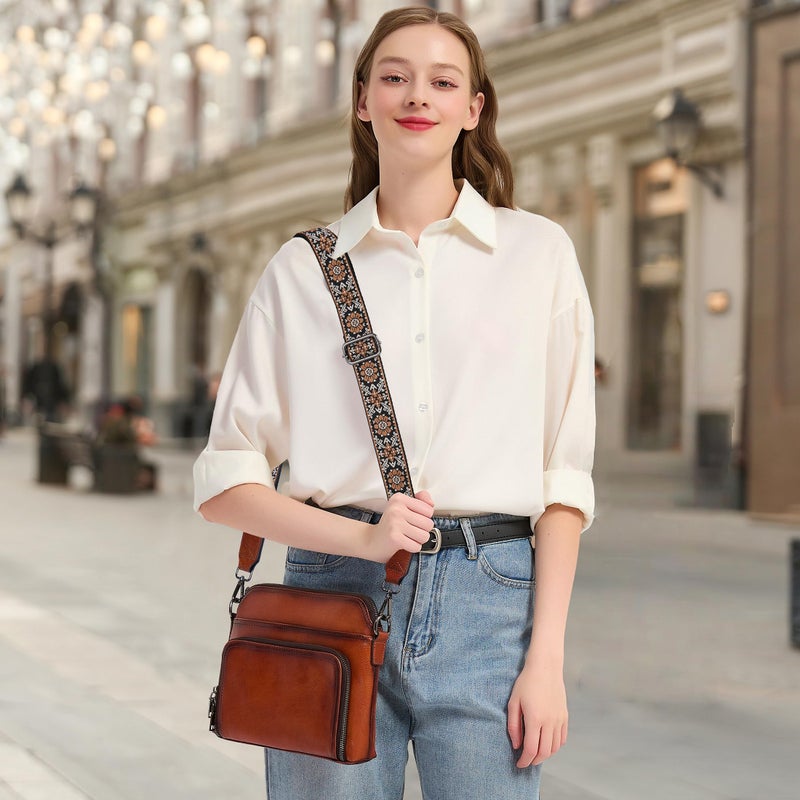HESHE Genuine Leather Crossbody Bags for Women Satchel Purses Shoulder Handbags with 2 Adjustable Strap Hobo Purse (Brown) - Image 2