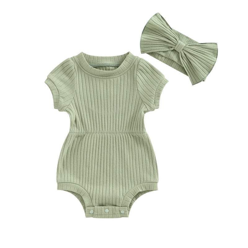 FOCUSNORM Baby Girl Summer Clothes Ribbed Short Sleeve Romper Solid Color Bodysuits Bow Headband Outfit Newborn Girl Jumpsuit (Pea Green, 0-3 Months) - Image 1