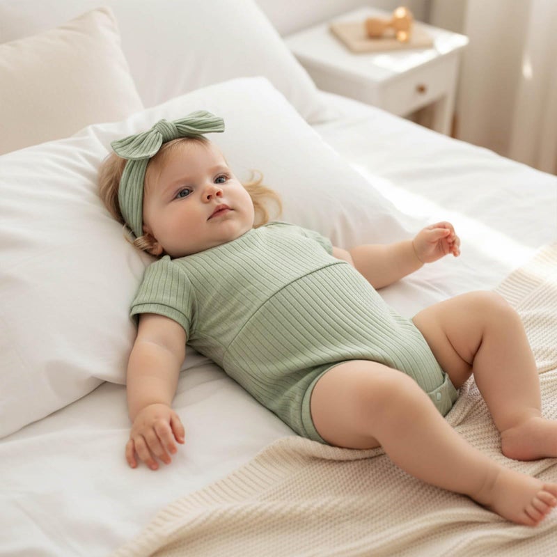 FOCUSNORM Baby Girl Summer Clothes Ribbed Short Sleeve Romper Solid Color Bodysuits Bow Headband Outfit Newborn Girl Jumpsuit (Pea Green, 0-3 Months) - Image 2