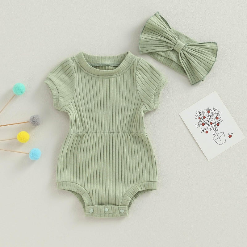 FOCUSNORM Baby Girl Summer Clothes Ribbed Short Sleeve Romper Solid Color Bodysuits Bow Headband Outfit Newborn Girl Jumpsuit (Pea Green, 0-3 Months) - Image 5
