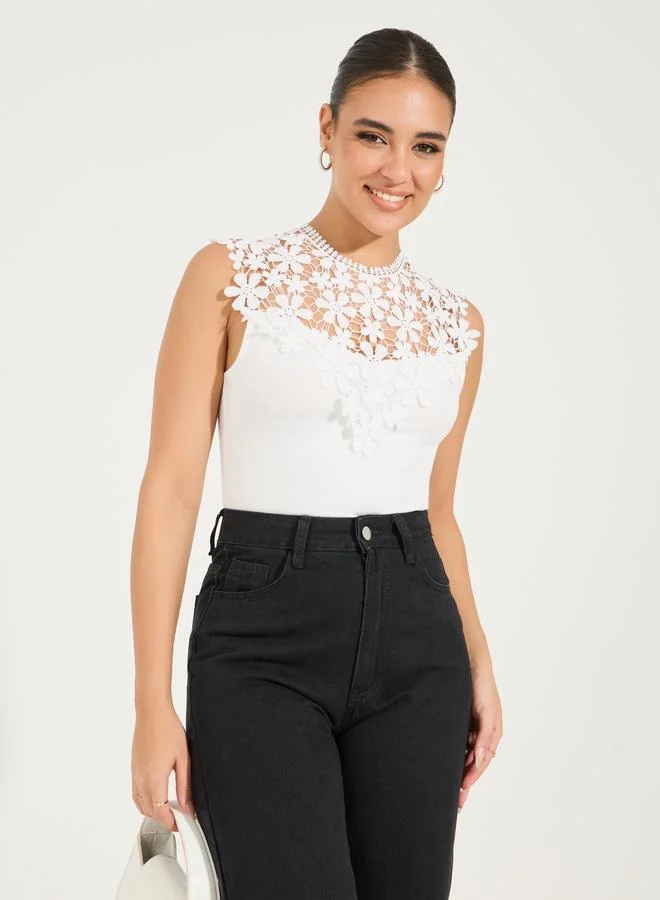 Styli Sleeveless Lace Yoke Bodysuit