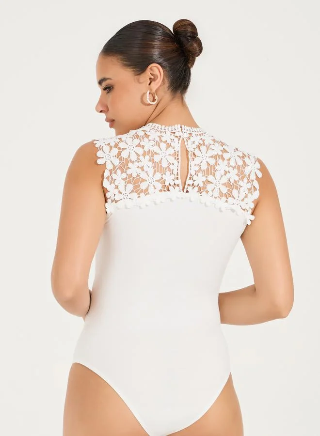 Styli Sleeveless Lace Yoke Bodysuit