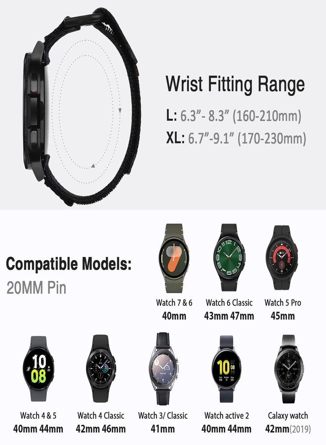 Nereides Band Compatible with Samsung Galaxy Watch 7 6 5 4 40mm 44mm/ Watch 6 4 Classic/Watch 5 Pro/Watch 3 Classic 41mm/Active 2, 20mm Nylon Replacement Sports Strap for Men Women(Black,L) - Image 4
