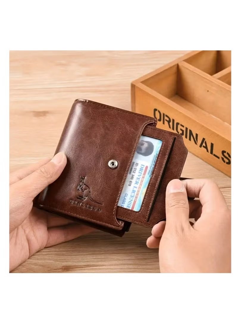 بنليرو محفظة رجالية من جلد البولي يوريثان بنمط عتيق للرجال مع حافظة بطاقات مانعة للتعرف على الهوية وحافظة عملات معدنية وسحاب آمن - غير مضفرة، بلون موحد، من البوليستر المتين من الداخل(براون) - Image 4