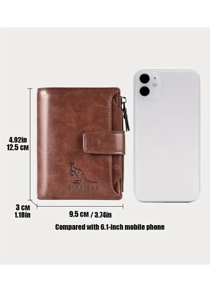 بنليرو محفظة رجالية من جلد البولي يوريثان بنمط عتيق للرجال مع حافظة بطاقات مانعة للتعرف على الهوية وحافظة عملات معدنية وسحاب آمن - غير مضفرة، بلون موحد، من البوليستر المتين من الداخل(براون) - Image 2