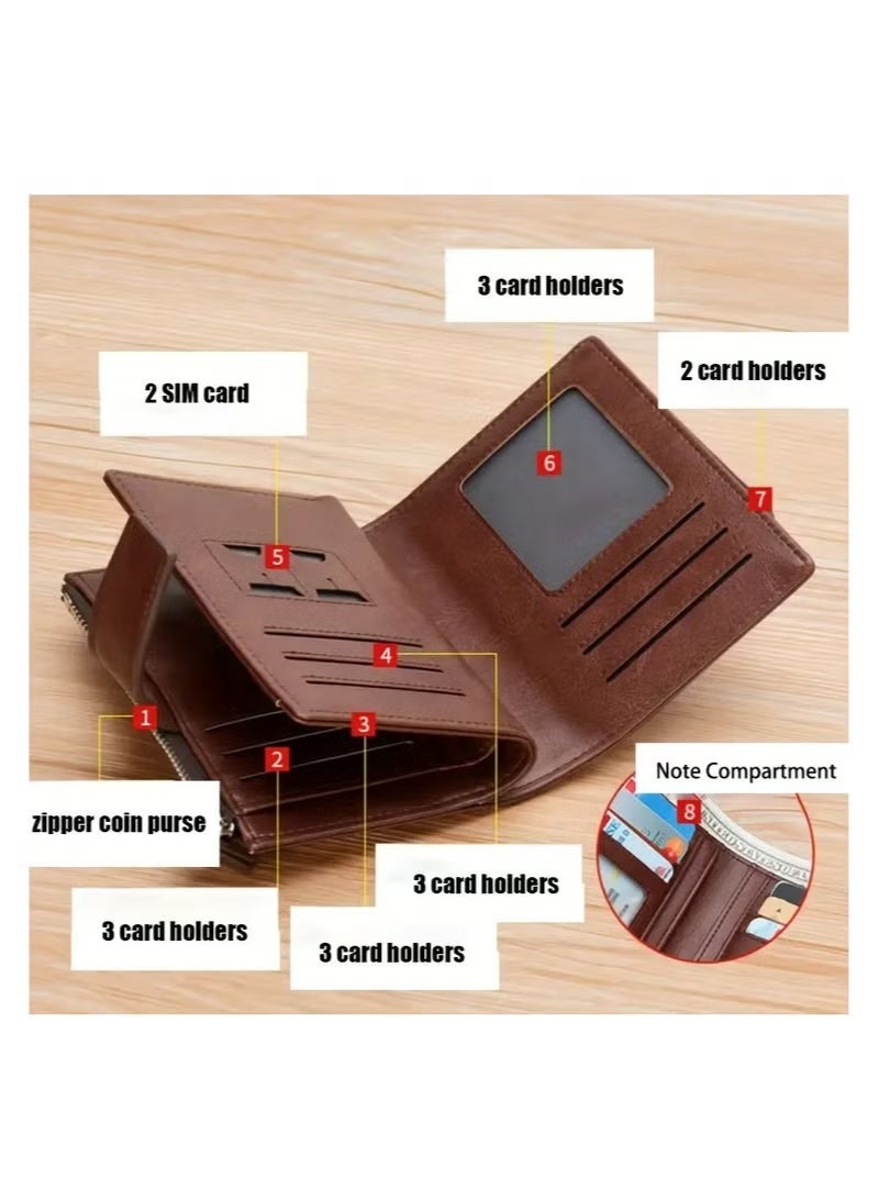 بنليرو محفظة رجالية من جلد البولي يوريثان بنمط عتيق للرجال مع حافظة بطاقات مانعة للتعرف على الهوية وحافظة عملات معدنية وسحاب آمن - غير مضفرة، بلون موحد، من البوليستر المتين من الداخل(براون) - Image 5