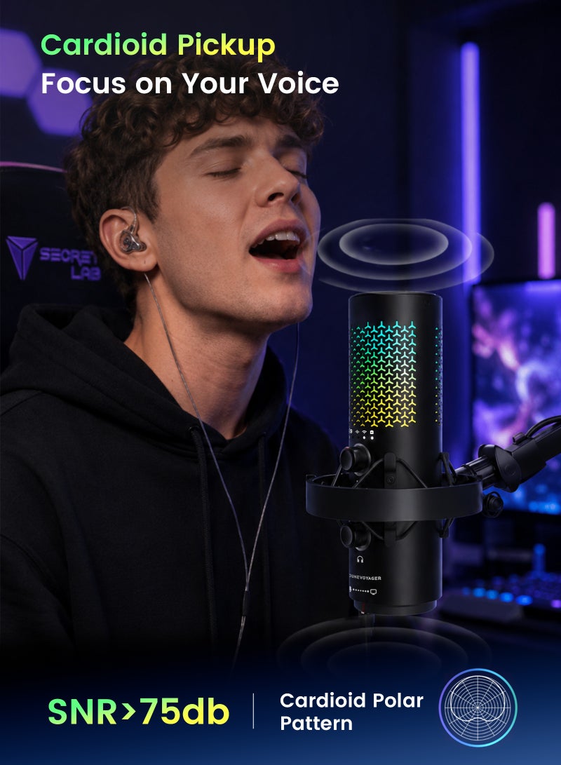 مسافر الكثبان ميكروفون CM1 PRO مع ذراع Boom Arm للألعاب والبث والبودكاست، ميكروفون كوندنسر لاسلكي 2.4G USB-C، بنمط التقاط قلبي، كتم بلمسة واحدة، تقليل ضوضاء ENC، إضاءة RGB، فلتر Pop Filter ومراقبة سماعة الرأس - Image 3