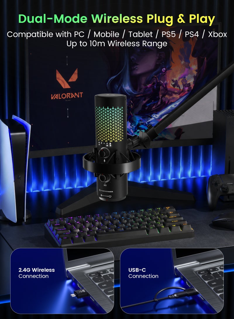 مسافر الكثبان ميكروفون CM1 PRO مع ذراع Boom Arm للألعاب والبث والبودكاست، ميكروفون كوندنسر لاسلكي 2.4G USB-C، بنمط التقاط قلبي، كتم بلمسة واحدة، تقليل ضوضاء ENC، إضاءة RGB، فلتر Pop Filter ومراقبة سماعة الرأس - Image 2