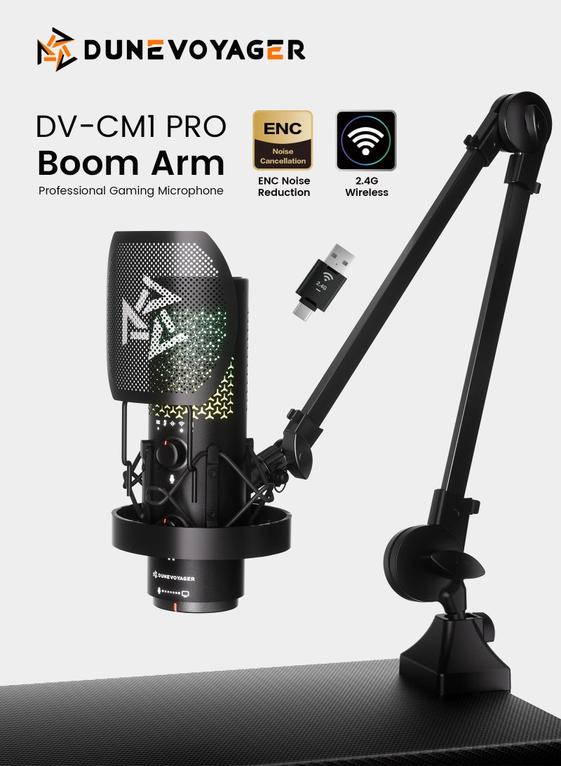 مسافر الكثبان ميكروفون CM1 PRO مع ذراع Boom Arm للألعاب والبث والبودكاست، ميكروفون كوندنسر لاسلكي 2.4G USB-C، بنمط التقاط قلبي، كتم بلمسة واحدة، تقليل ضوضاء ENC، إضاءة RGB، فلتر Pop Filter ومراقبة سماعة الرأس - Image 1