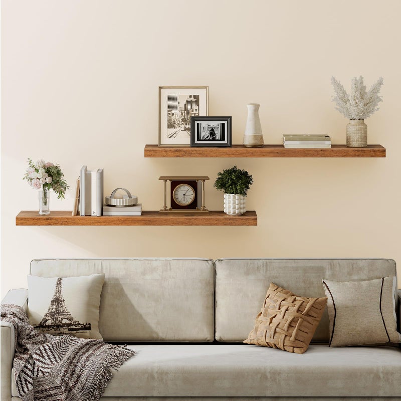 HOOBRO Floating Shelves for Wall, Wall Mounted Shelf Set of 2, 55" Hanging Shelf with Invisible Brackets, for Wall in Bathroom, Bedroom, Toilet, Kitchen, Living Room, Office, Rustic Brown BF140BJP201 - Image 2
