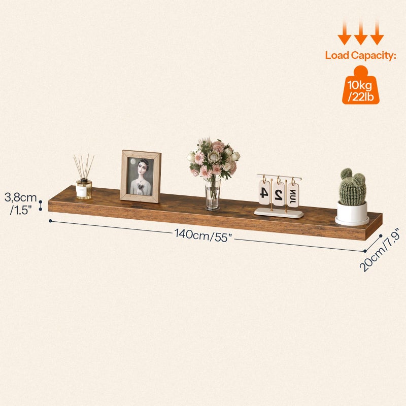 HOOBRO Floating Shelves for Wall, Wall Mounted Shelf Set of 2, 55" Hanging Shelf with Invisible Brackets, for Wall in Bathroom, Bedroom, Toilet, Kitchen, Living Room, Office, Rustic Brown BF140BJP201 - Image 4
