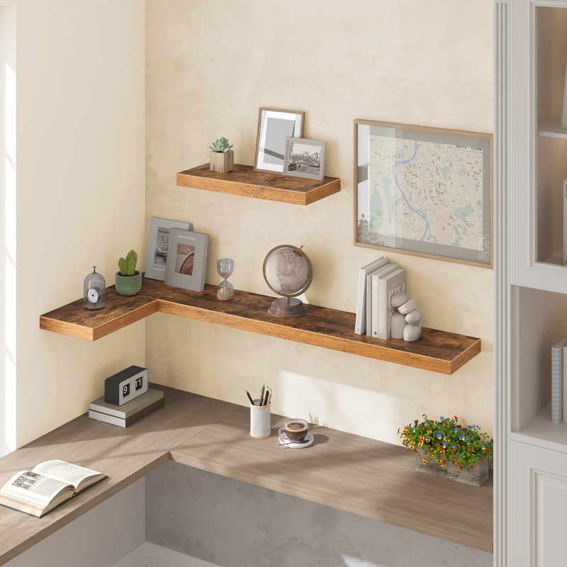 HOOBRO Floating Shelves for Wall, Wall Mounted Shelf Set of 2, 55" Hanging Shelf with Invisible Brackets, for Wall in Bathroom, Bedroom, Toilet, Kitchen, Living Room, Office, Rustic Brown BF140BJP201 - Image 3