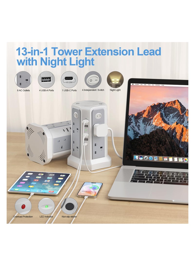 Tower Extension Lead with USB Slots and Night Light, 20W USB C Fast Charger, (13A 3250W)5 USB Ports, 8 Way Extension Tower, Surge Protected Extension Lead with 4 Switches, 3M Extension Cable - Image 4