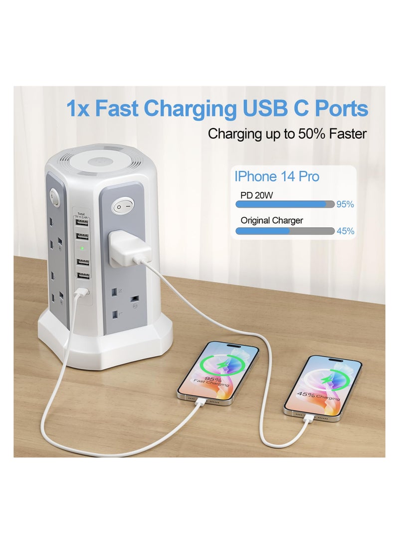 Tower Extension Lead with USB Slots and Night Light, 20W USB C Fast Charger, (13A 3250W)5 USB Ports, 8 Way Extension Tower, Surge Protected Extension Lead with 4 Switches, 3M Extension Cable - Image 3