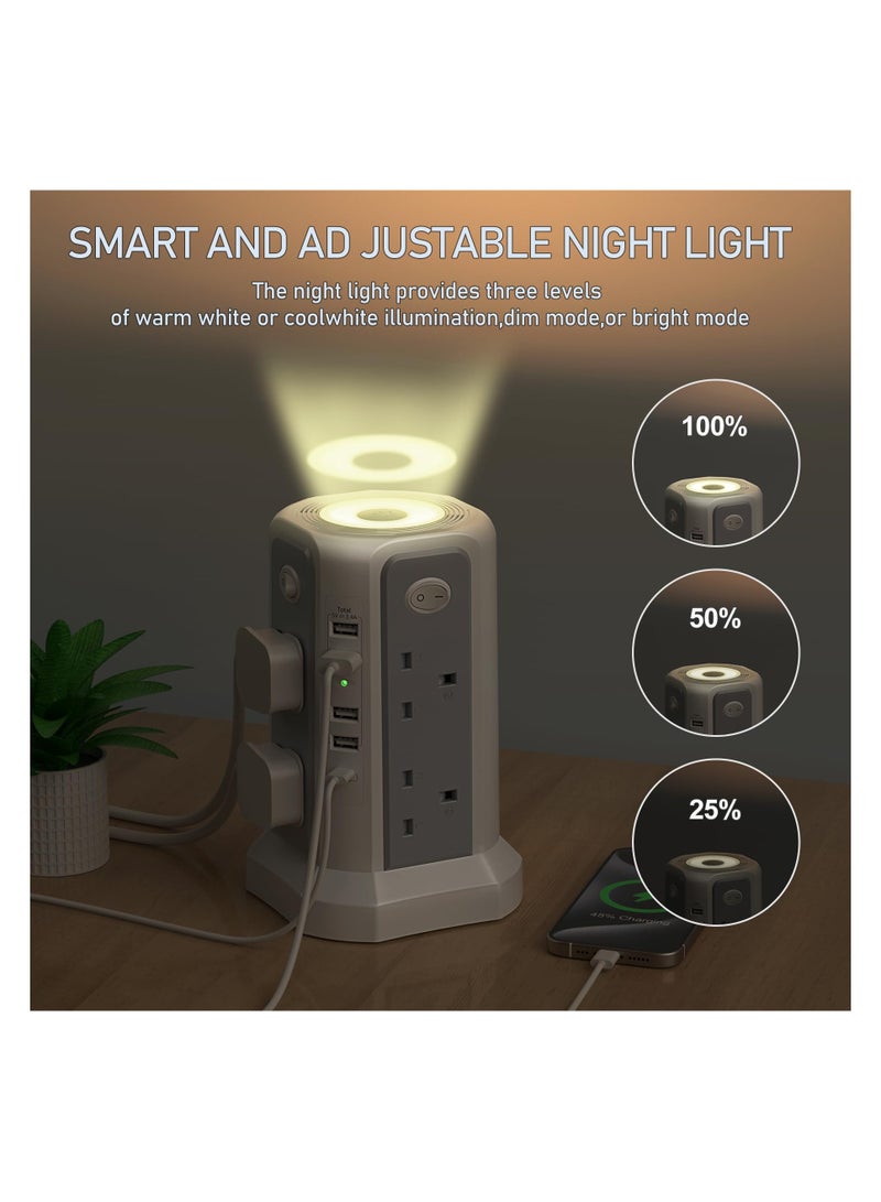 Tower Extension Lead with USB Slots and Night Light, 20W USB C Fast Charger, (13A 3250W)5 USB Ports, 8 Way Extension Tower, Surge Protected Extension Lead with 4 Switches, 3M Extension Cable - Image 2