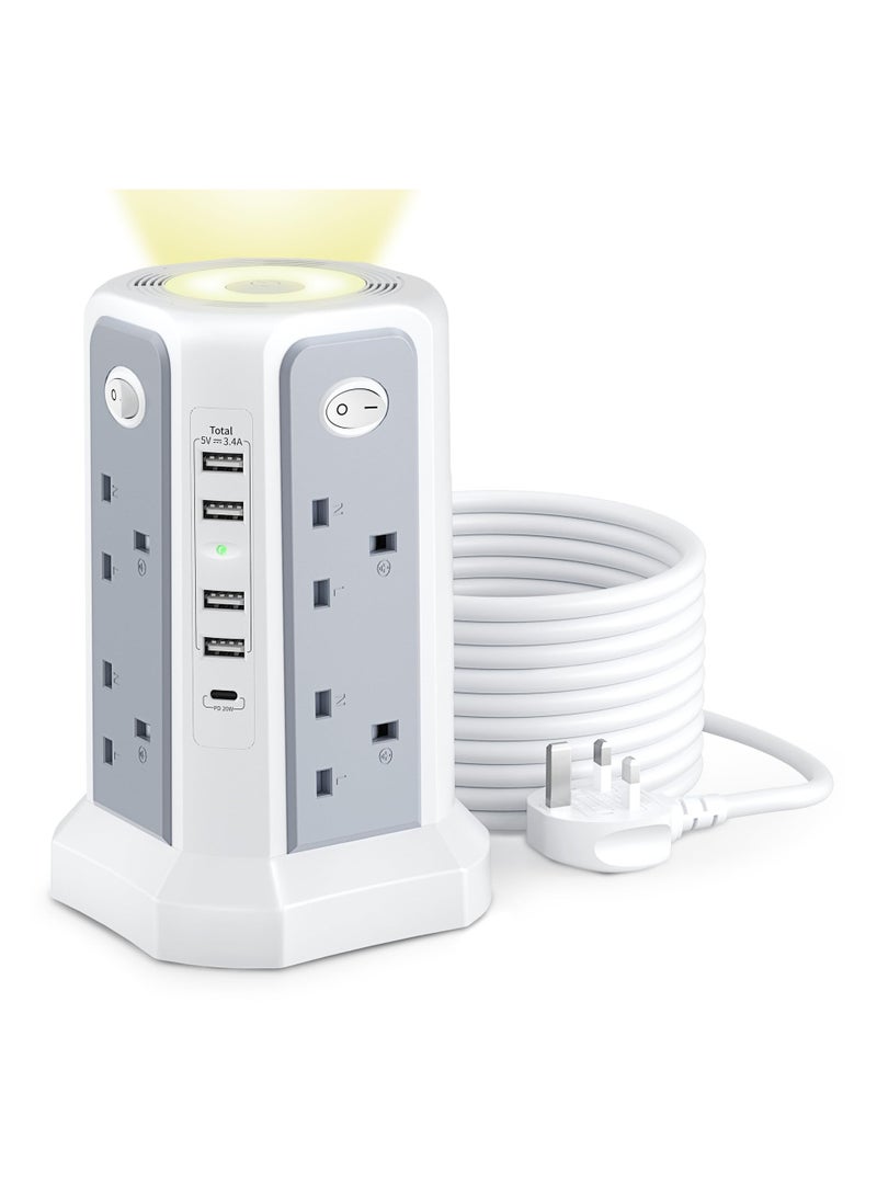 Tower Extension Lead with USB Slots and Night Light, 20W USB C Fast Charger, (13A 3250W)5 USB Ports, 8 Way Extension Tower, Surge Protected Extension Lead with 4 Switches, 3M Extension Cable - Image 1