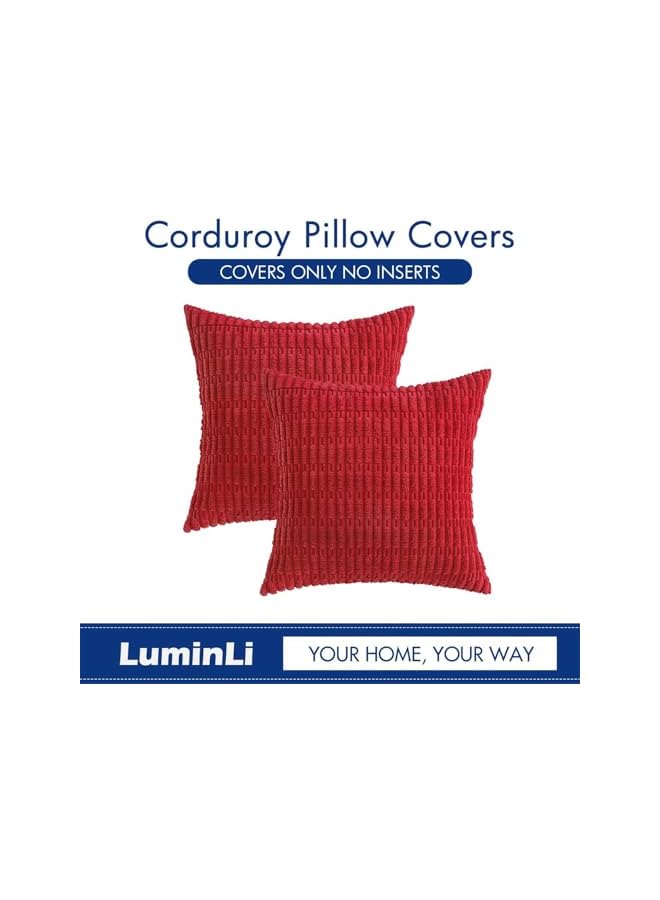 The Bros عبوة من 2 أغطية وسائد زخرفية من قماش الكوردuroy 18x18 بوصة أغطية وسائد ناعمة بتصميم بوهيمي مخطط حديث لمنزل المزرعة لعيد الميلاد لتزيين الأريكة وغرفة المعيشة والسرير (أحمر، 18"x18" عبوة من 2) - Image 3