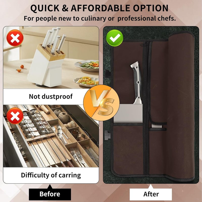 lelezone Knife Roll, Chef Knife Roll Bag with 11 Slots Plus Zipper Pocket, Waterproof Waxed Canvas Knife Case Holds Size Up to 18'', Knives Roll Bags for Chefs Professional with Adjustable Strap - Image 4