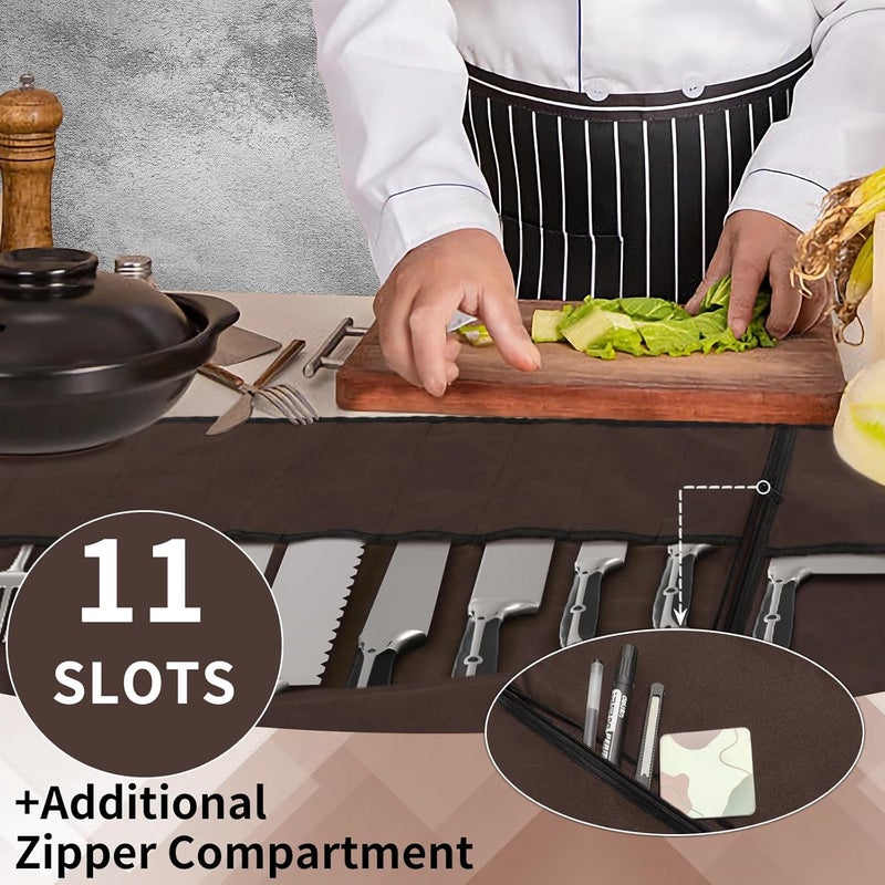 lelezone Knife Roll, Chef Knife Roll Bag with 11 Slots Plus Zipper Pocket, Waterproof Waxed Canvas Knife Case Holds Size Up to 18'', Knives Roll Bags for Chefs Professional with Adjustable Strap - Image 3