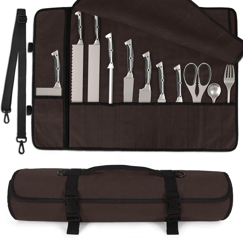 lelezone Knife Roll, Chef Knife Roll Bag with 11 Slots Plus Zipper Pocket, Waterproof Waxed Canvas Knife Case Holds Size Up to 18'', Knives Roll Bags for Chefs Professional with Adjustable Strap - Image 1