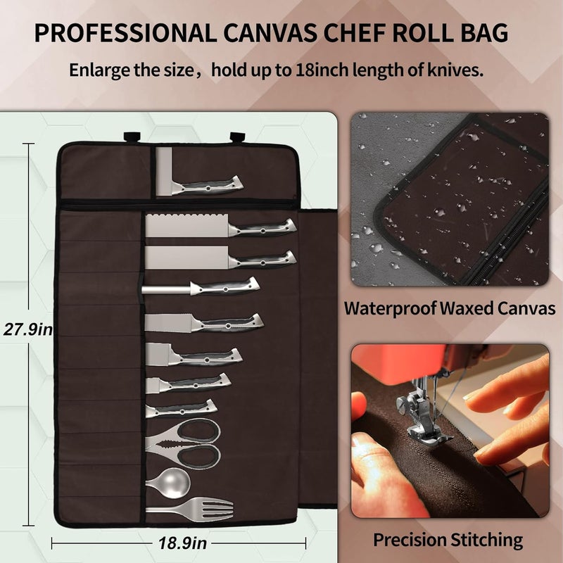 lelezone Knife Roll, Chef Knife Roll Bag with 11 Slots Plus Zipper Pocket, Waterproof Waxed Canvas Knife Case Holds Size Up to 18'', Knives Roll Bags for Chefs Professional with Adjustable Strap - Image 2