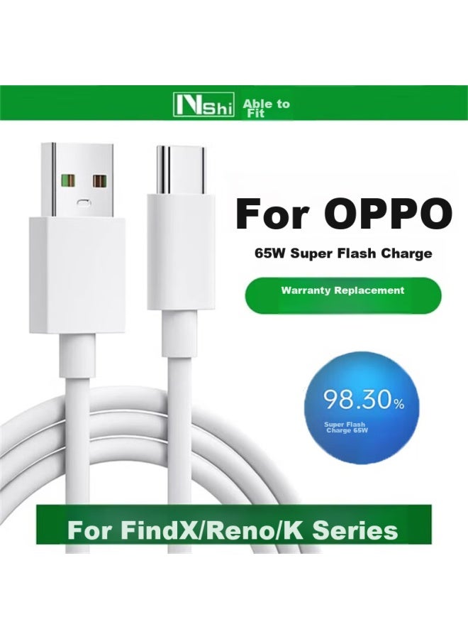 CAN كابل شحن مناسب من نوع C لشحن سريع للغاية 65 واط لهاتف أوبو رينو 7 أندرويد، كابل مخصص لهاتف Find/K9 بطول 2 متر باللون الأبيض - Image 1
