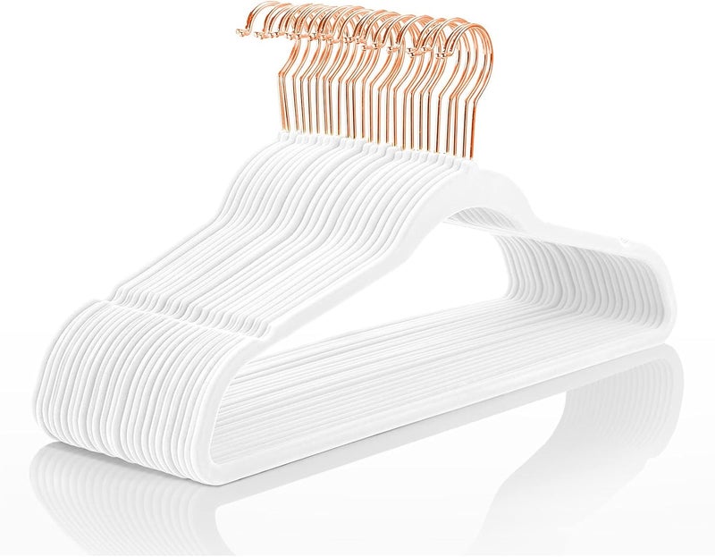 MIZGI Premium Velvet Hangers (50 Pack) Heavy Duty - Non Slip Felt Hangers - White - Rose Gold Swivel Hooks,Space Saving Clothes Hangers,Durable Strong Hangers for Suits,Coats,Dress - Image 1