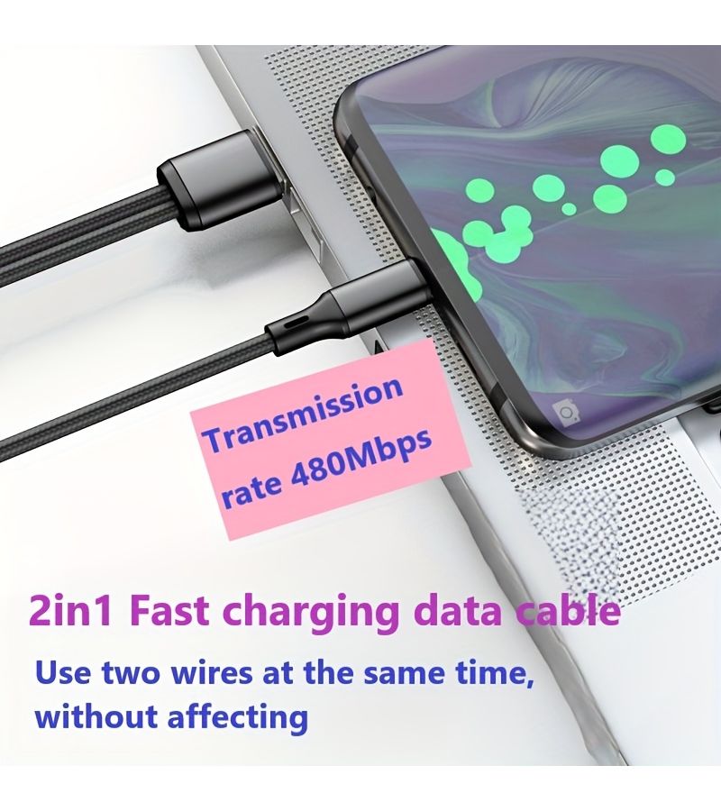 60W 5A 2 In 1 USB C to Type C Nylon Braided Fast Charging Data Cable Black - Image 4