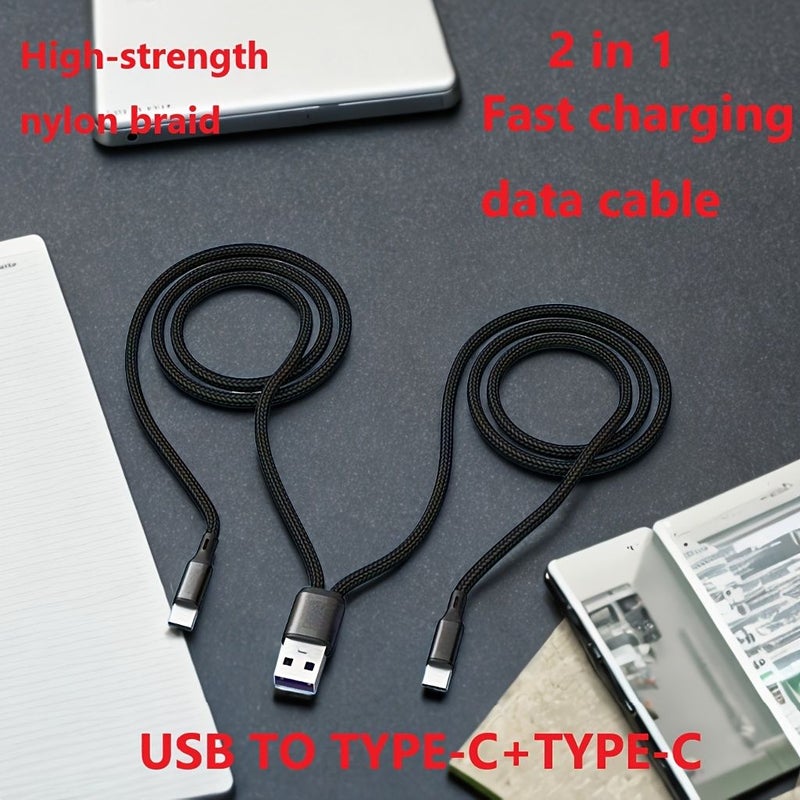 60W 5A 2 In 1 USB C to Type C Nylon Braided Fast Charging Data Cable Black - Image 1