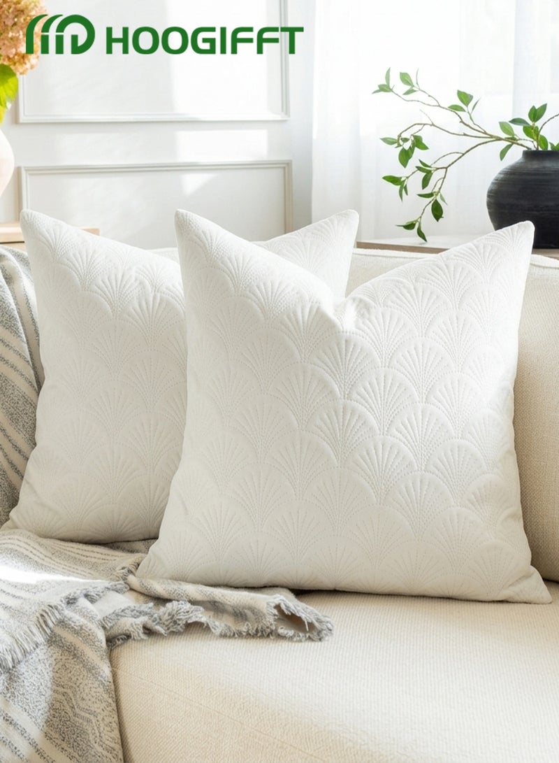 HOOGIFFT Set of 2 Premium Velvet Cushion Covers 45x45 cm - Luxury 3D Embroidered Geometric Decorative Throw Pillow Cases for Sofa, Couch, Living Room, Bedroom and Majlis Home Decoration (White) - Image 1