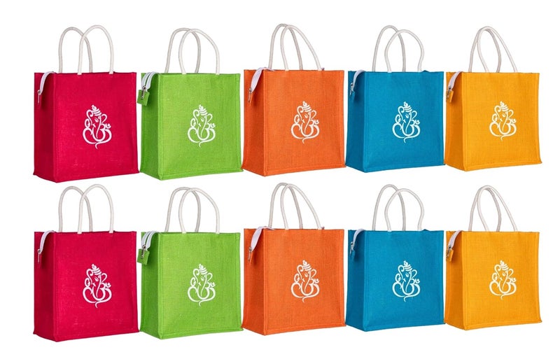 SOMAN Jute Ecofriendly Return Gift Bags Ganesha Printed Multicolor with Zip Pack of 10 Bags - Image 1