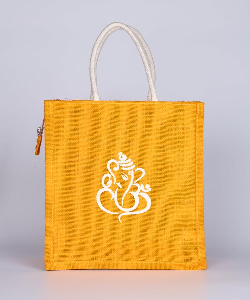 SOMAN Jute Ecofriendly Return Gift Bags Ganesha Printed Multicolor with Zip Pack of 10 Bags - Image 5
