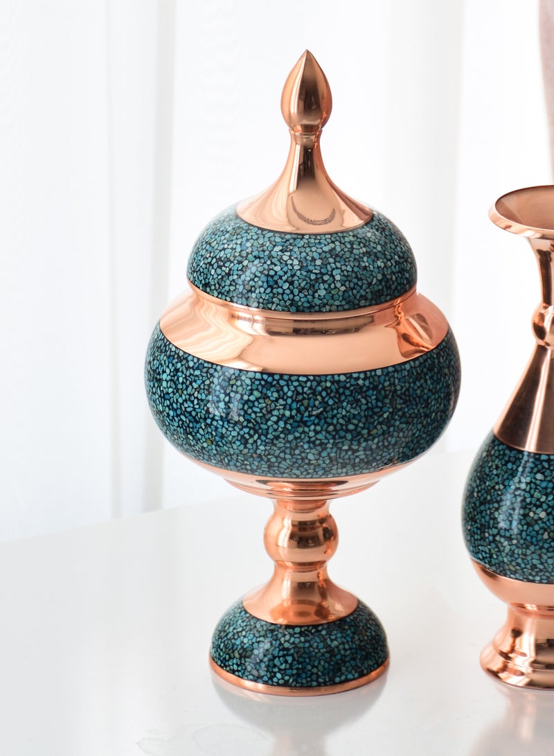 Aghajani Handcrafted Antique Turquoise and Copper Candy Dish Bowl with Lid, 41cm Vintage-Inspired Home Decor - Image 1