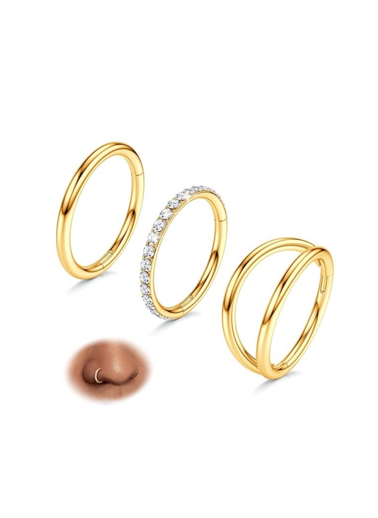 Generic - 3pcs Nose Rings Hoops - 316L Surgical Steel Double Hoop Nose Rings 16G/18G/20G Hinged CZ Conch Piercing Jewelry Septum Clicker Lip Rings Cartilage Earring Helix Rook Tragus Daith 7mm/8mm/9mm/10mm - Image 1
