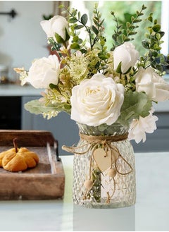 Garlo Fake Flowers with Vase, Silk Roses Artificial Flowers in Vase, Faux Flower Arrangement with Vase Suitable for Home Office Decoration, Dining Table Centerpiece  - Image 4