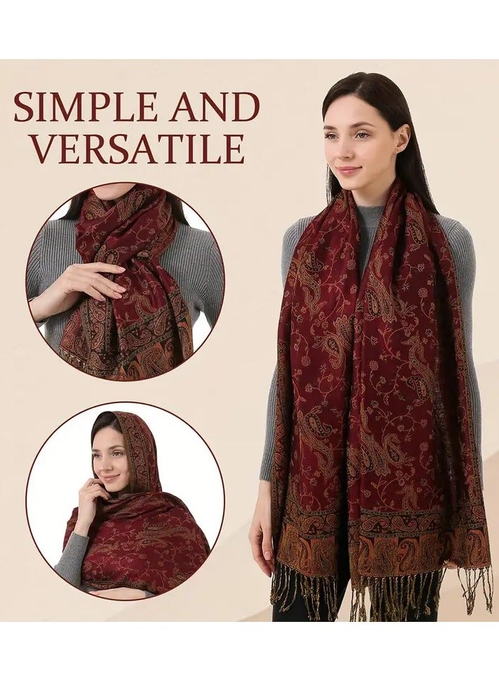 Dot Paisley Pattern Women's Scarf, Soft and Warm Shawl with Long Fringes, Winter/Fall Collection, Deep Red - 180x70 cm - Image 2