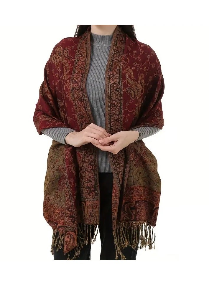 Dot Paisley Pattern Women's Scarf, Soft and Warm Shawl with Long Fringes, Winter/Fall Collection, Deep Red - 180x70 cm - Image 3