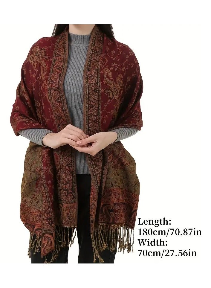 Dot Paisley Pattern Women's Scarf, Soft and Warm Shawl with Long Fringes, Winter/Fall Collection, Deep Red - 180x70 cm - Image 4