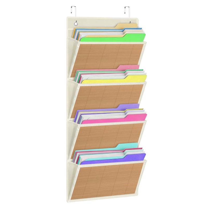 homyfort hanging wall file organizer, Over the door file folder organizer with 4 Large Bamboo Pockets, Suitable for Home, Office, Back to School Supplies Storage and Organization (Beige) - Image 1