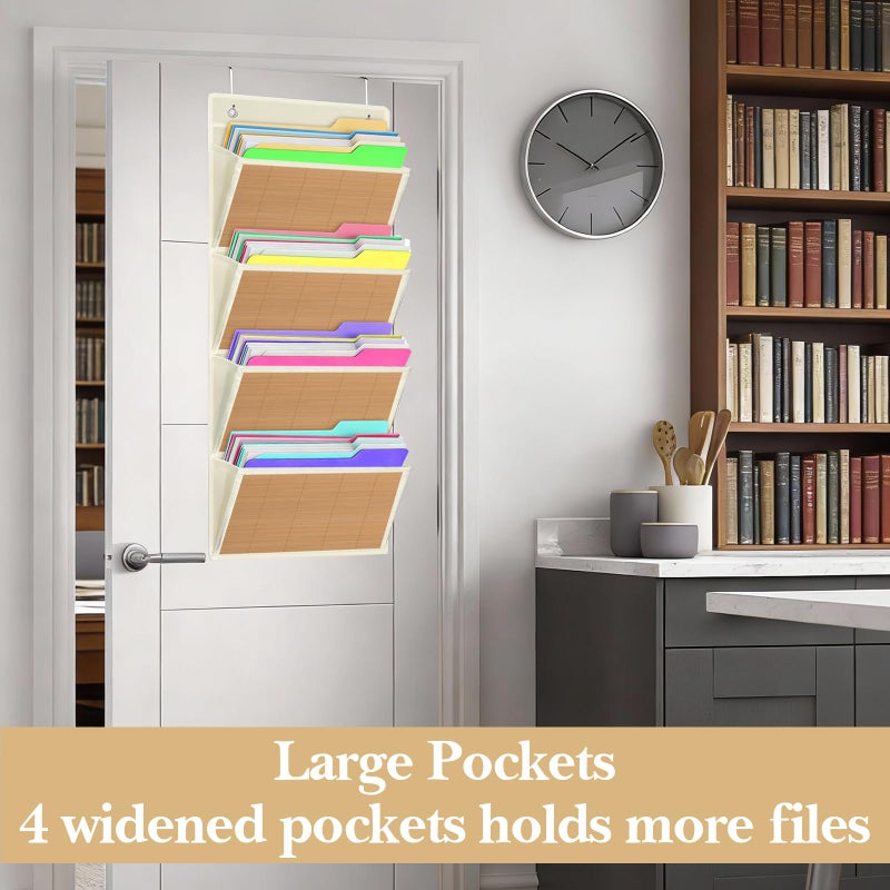homyfort hanging wall file organizer, Over the door file folder organizer with 4 Large Bamboo Pockets, Suitable for Home, Office, Back to School Supplies Storage and Organization (Beige) - Image 5