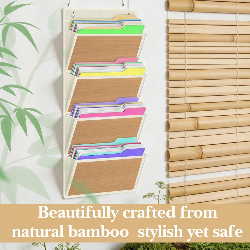 homyfort hanging wall file organizer, Over the door file folder organizer with 4 Large Bamboo Pockets, Suitable for Home, Office, Back to School Supplies Storage and Organization (Beige) - Image 2