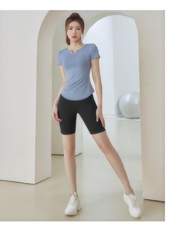 HaveDream Women's Yoga Suit Sports Suit Two-Piece Suit, Running Pilates Fitness Suit, V-Neck Waist Yoga T-Shirt + Yoga Shorts (Gray Lake Blue + Star Black, Size L)  - Image 2